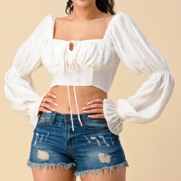 OFF SHOULDER WHITE BALLOON SLEEVE CROP CORSET TOP - Picture 1 of 5